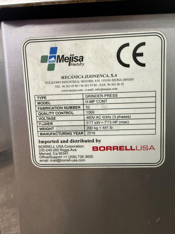 Mejisa H-MP CONT grinder-press label; BORRELL make, model H-MP-CONT, 577 kW, 2016, for nut milk production, 300L/Hr.