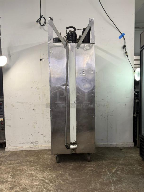 VICTORY RFS 1D S7 HD Dual Temp Refrigerator/Freezer, stainless steel, used condition, visible wiring, industrial grade.