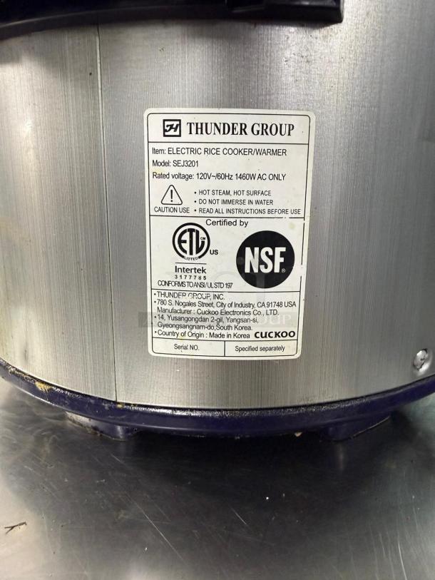 Thunder Group SEJ3201 30 Cup Electric Rice Cooker-Warmer label. Features digital controls. Rated 120V/1460W. Certified ETL, NSF. Made in Korea.