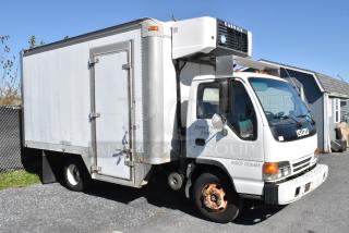 2004 Isuzu Morgan Diesel Reefer Box Truck with Carrier Transicold system, odometer 215,769. Visible wear on paint and wheels.