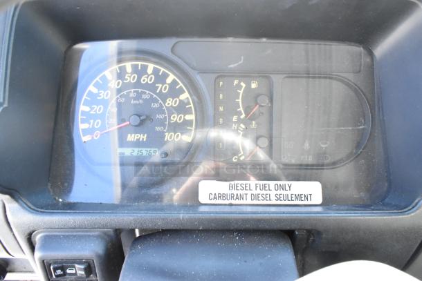 Dashboard of 2004 Isuzu Morgan Diesel Reefer Box Truck, showing odometer reading 215,769 miles. "Diesel Fuel Only" label visible.