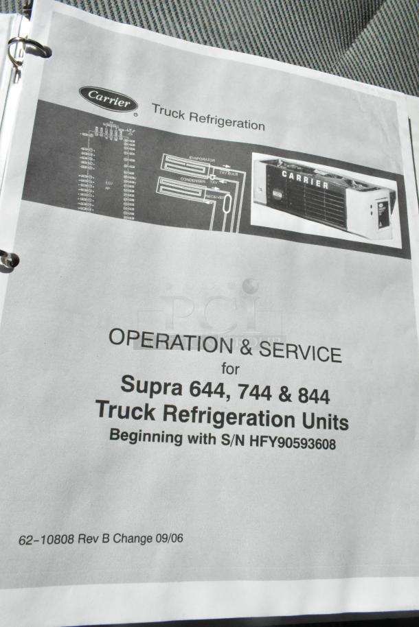 Carrier Transicold refrigeration manual for Supra 644, 744, 844 units. S/N HFY90593608, Rev B, Change 09/06.