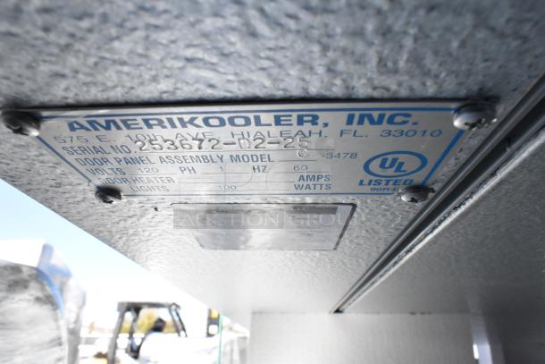 Plaque on Amerikooler DW081677F-8/8-SC Walk-In Freezer, listing model details and UL certification.