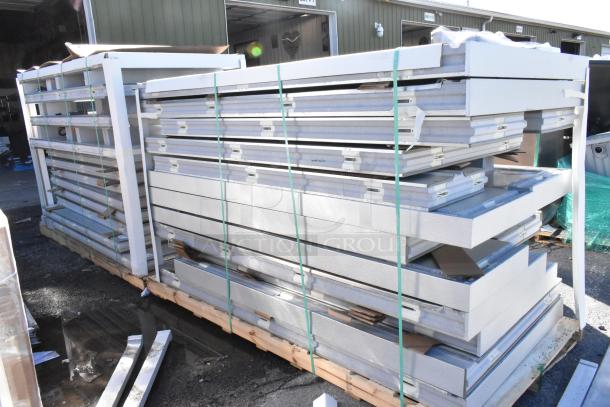 BRAND NEW SCRATCH AND DENT! Amerikooler DW081677F-8/8-SC 8' x 16' x 7' 7" Walk-In Freezer/Cooler parts stacked.