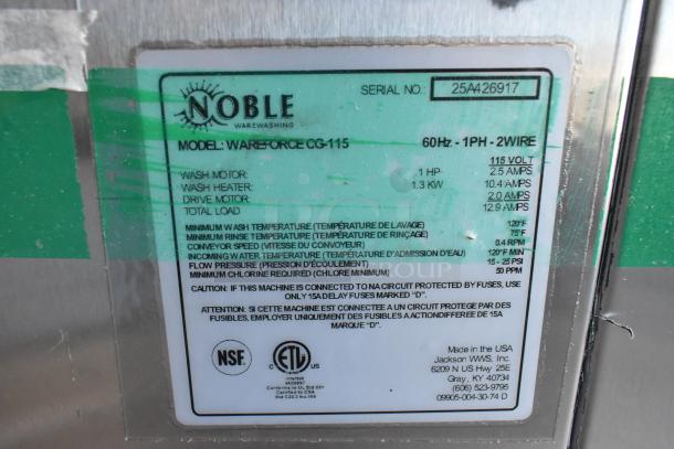 2025 Noble Wareforce CG-115 glass washer label, stainless steel, 115V, 1-phase, showing model details and electrical specs.