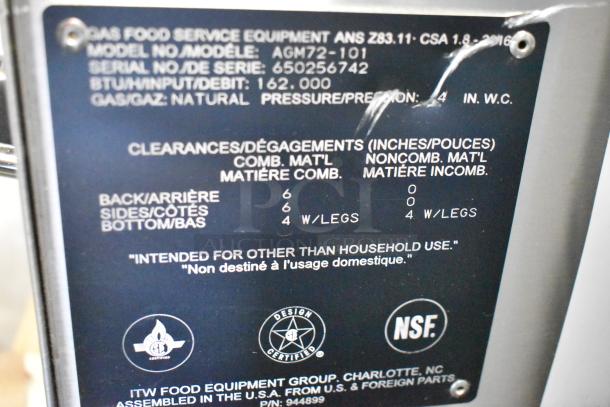 Vulcan AGM72-101 griddle label showing model, BTU rating, and usage instructions; stainless steel construction.