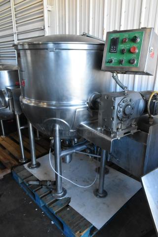 Pardo & Sons stainless steel commercial steam kettle with agitator, floor style, control panel visible, used condition.