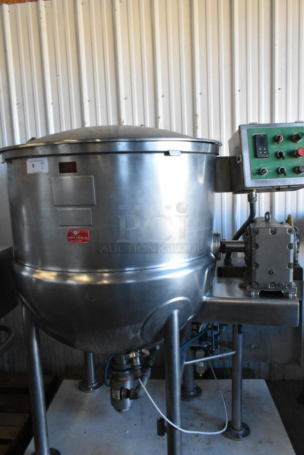 Pardo & Sons stainless steel steam kettle with agitator, commercial floor style, control panel with knobs, used condition.