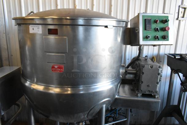 Pardo & Sons stainless steel steam kettle with agitator, floor style, control panel visible, good condition, commercial use.
