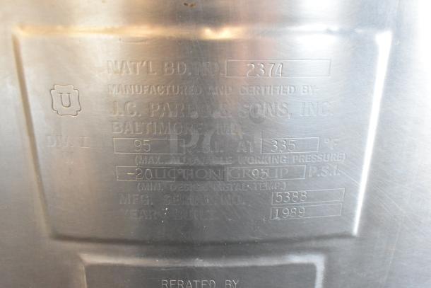 Pardo & Sons steam kettle label, stainless steel, model 5388, max pressure 95 PSI, built in 1989, Baltimore, MD.