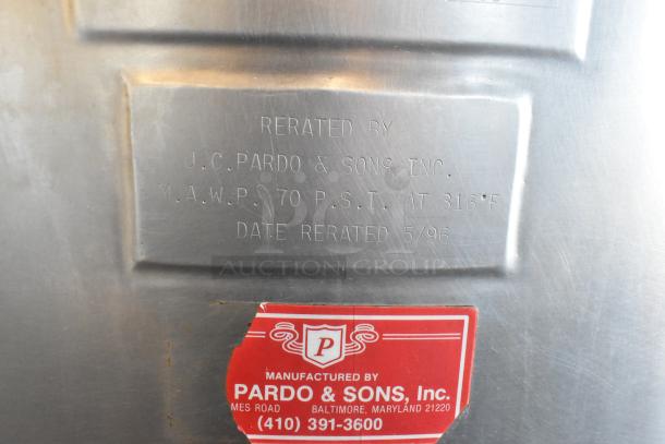 Pardo & Sons stainless steel steam kettle with agitator, commercial floor style. Rated 70 PSI at 316°F, rerated 5/96.