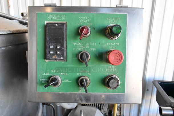 Pardo & Sons stainless steel commercial steam kettle controls featuring agitator, temperature controller, and speed control dials.