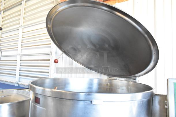 Pardo & Sons stainless steel commercial steam kettle with agitator, floor style, open lid, excellent condition.
