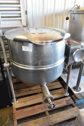 Cleveland KDL-60T stainless steel commercial 60-gallon tilt steam kettle, floor style, with manual tilt mechanism.