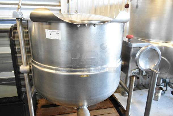 Cleveland KDL-60T stainless steel 60-gallon manual tilt steam kettle, floor style, excellent condition, auction label visible.
