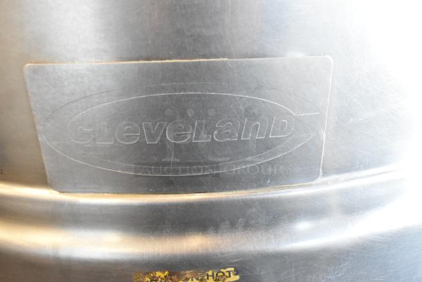 Cleveland KDL-60T stainless steel steam kettle, 60-gallon capacity, manual tilt, with engraved "Cleveland" logo.