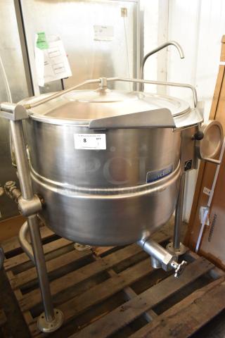 Cleveland KDL-40T stainless steel 40-gallon tilt steam kettle, excellent condition, visible label with quantity info.