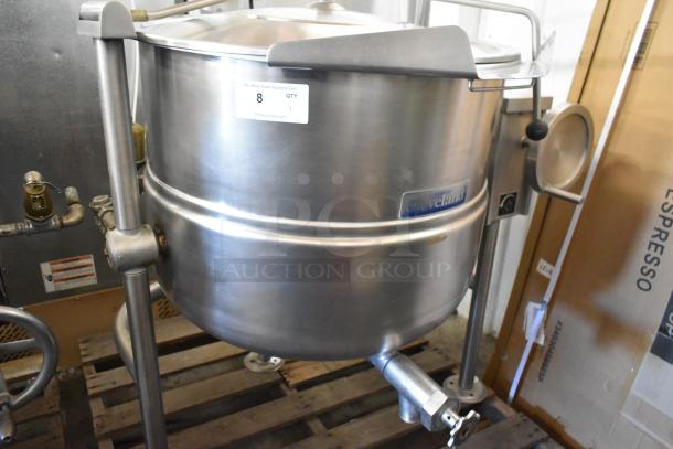 Cleveland KDL-40T stainless steel 40-gallon manual tilt steam kettle, commercial floor style, in good condition.