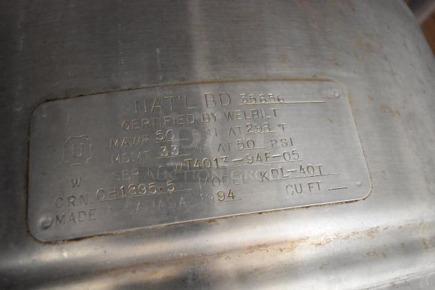 Cleveland KDL-40T stainless steel 40 gallon steam kettle, model tag shows 1994, certified by Welbilt.