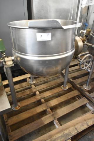 Groen D-30 stainless steel 30-gallon manual tilt steam kettle, commercial floor style, visible label tag, excellent condition.