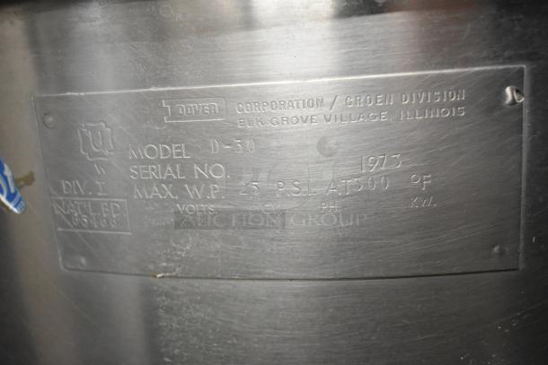 Groen D-30 Commercial 30 Gallon Stainless Steel Manual Tilt Steam Kettle, label shows model and specifications, good condition.