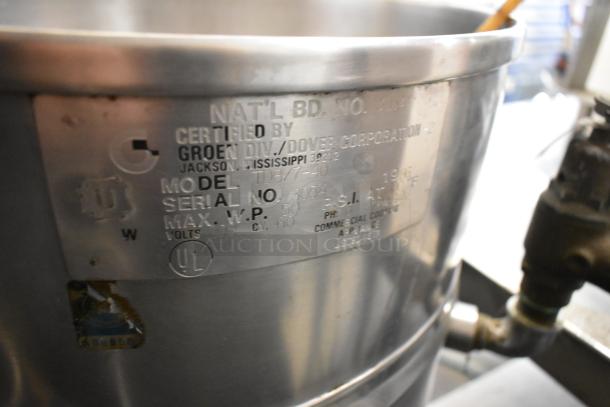 Groen TDB/7-40 steam kettle in stainless steel, 10-gallon capacity, with equipment stand. Visible certification label with model info.