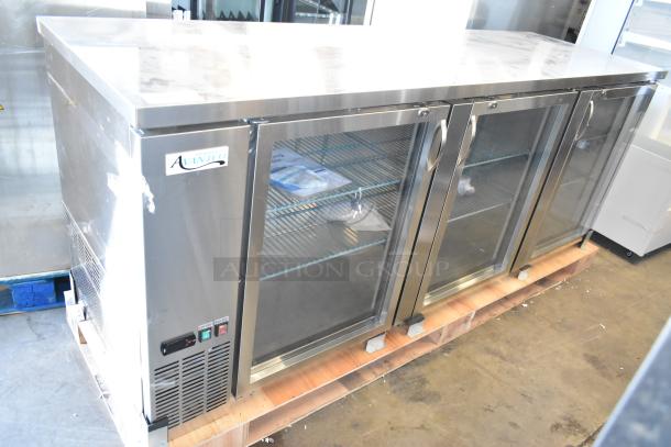 BRAND NEW 2025 Avantco 178UBB4GHCS glass door back bar fridge, 90" stainless steel, LED lighting, scratch and dent condition.