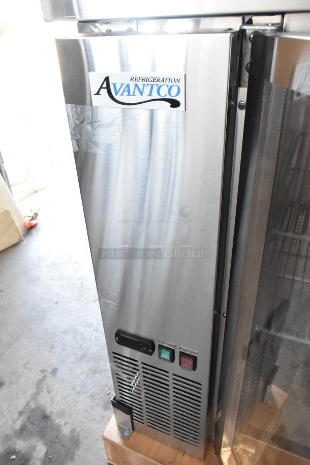 BRAND NEW 2025 Avantco 178UBB4GHCS 90" stainless steel back bar refrigerator, glass doors, LED lighting, 115V, 1 phase.