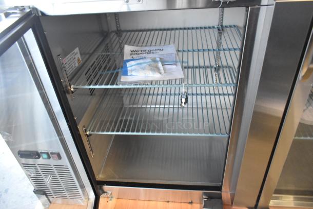Brand new 2025 Avantco 178UBB4GHCS 90" stainless steel counter height glass door back bar refrigerator with LED lighting.