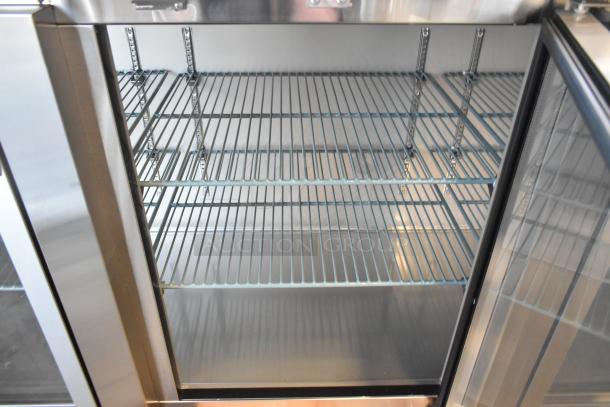 Brand new Avantco 178UBB4GHCS stainless steel bar refrigerator, 90", glass doors, LED lighting, 115V, minor scratches.