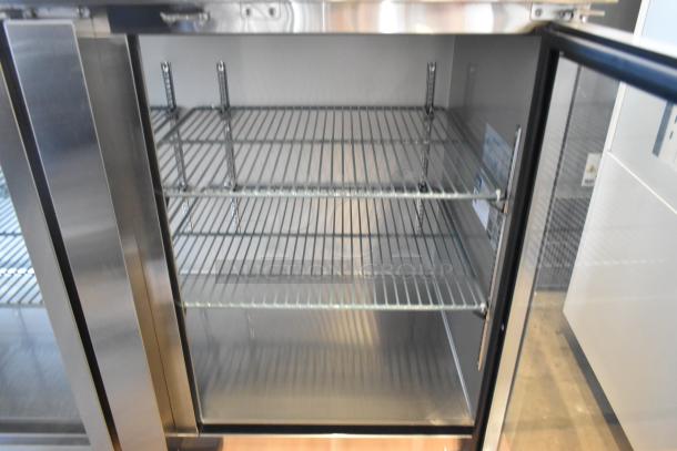 BRAND NEW Avantco 178UBB4GHCS 90" stainless steel back bar refrigerator with glass door, LED lighting, minor scratches, 115V.