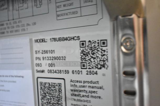 QR code and text label on the Avantco 178UBB4GHCS back bar refrigerator, detailing model and serial information.