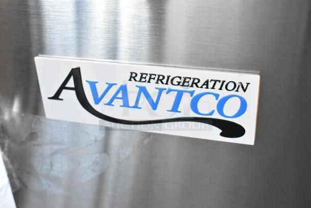 Avantco logo on stainless steel surface of 2025 Avantco 178UBB4GHCS Back Bar Refrigerator.