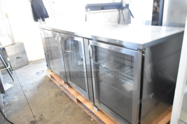 Brand new Avantco 90" stainless steel back bar refrigerator, model 178UBB4GHCS, glass doors, LED lighting, 115V.