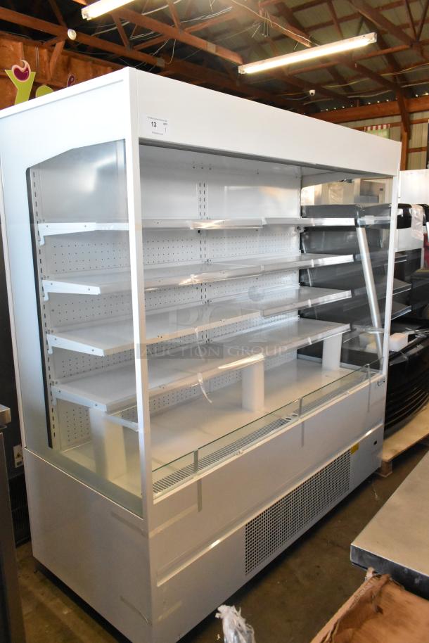 Brand new Avantco 193VOA70W metal commercial 70" white open air merchandiser with LED lighting on casters. 220V, 1 phase.