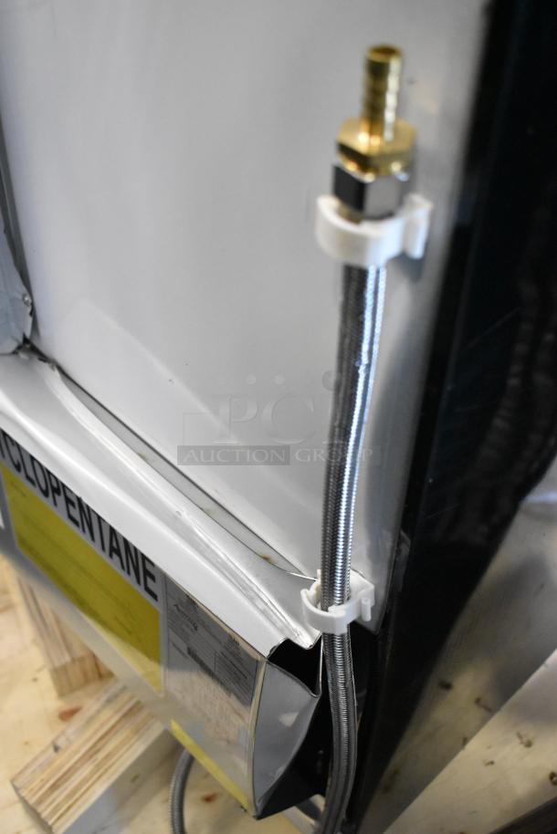 Avantco 193MAC48HCB 47" black air curtain merchandiser with visible glass damage, 115V, 1 Phase, dented panel.