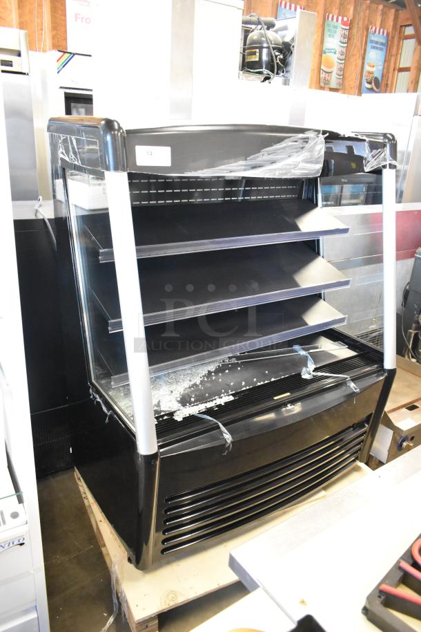 Brand new Avantco 193MAC48HCB 47" black air curtain merchandiser, 115 volts, 1 phase, with visible glass damage.