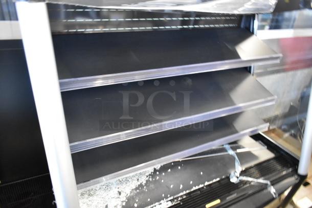 Avantco 193MAC48HCB 47" black vertical air curtain merchandiser, new with glass damage, 115V, 1 Phase, shelf detail shown.