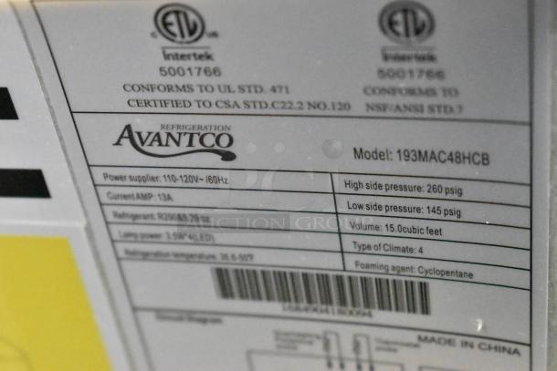 Label for Avantco 193MAC48HCB air curtain merchandiser. Details: 110-120V, 13A, R290 refrigerant, 15 cu ft, 260 psig high pressure.