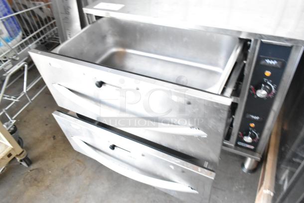 BRAND NEW ServIt 423WDSFS2 stainless steel double drawer warmer, 115V, 1 phase, minor scratches and dents, freestanding.