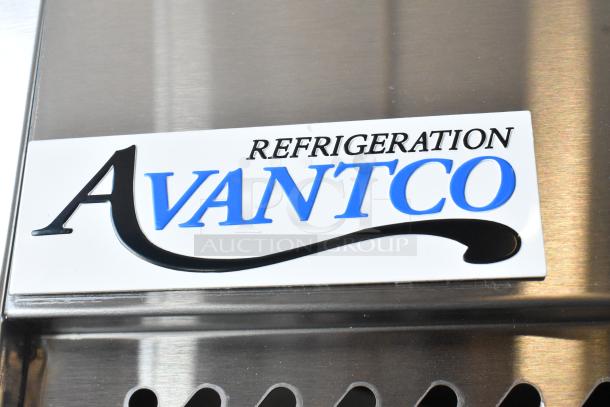 Avantco 178Z2FHC stainless steel commercial 2-door freezer nameplate, showcasing brand logo.