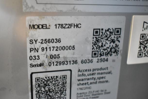 Label on Avantco 178Z2FHC, showing model and serial numbers, and QR codes for product info.