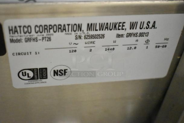 Hatco GRFHS-PT26 label showing model, UL and NSF certifications. 120V, 1 phase, serial number 6259502526.