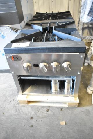 Brand new Cooking Performance Group CPG-DSPR-N stainless steel stock pot range, 160,000 BTU, natural gas, minor scratches.