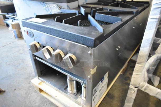Brand new Cooking Performance Group CPG-DSPR-N stainless steel stock pot range, 160,000 BTU, scratch and dent condition.