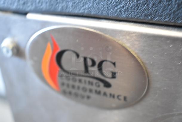 Cooking Performance Group logo plaque on stainless steel surface of new 351CPGDSPRN stock pot range, 160,000 BTU.