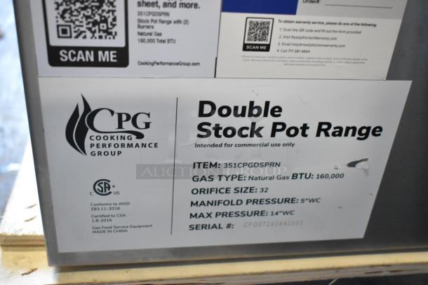 BRAND NEW Cooking Performance Group CPG-DSPR-N, 351CPGDSPRN, Stainless Steel Natural Gas Stock Pot Range, 160,000 BTU, label details.