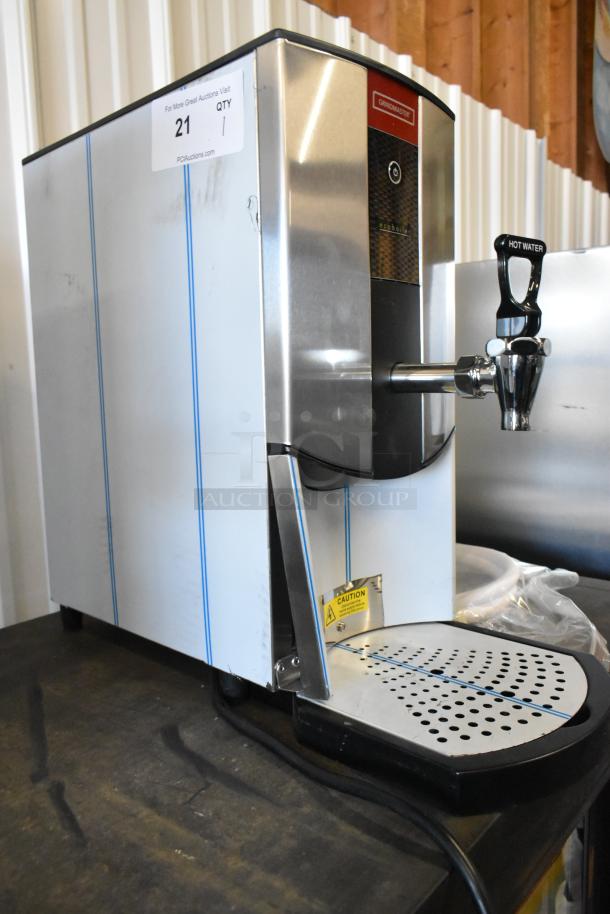 Brand new Grindmaster 1000660GM hot water dispenser, 5.3-gallon, 240 volts, tap-operated, scratch and dent condition.