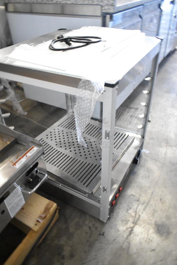 Brand new Carnival King 382HPW18D2S stainless steel 18" warmer, scratch and dent condition, 120V, 1 phase, tags visible.