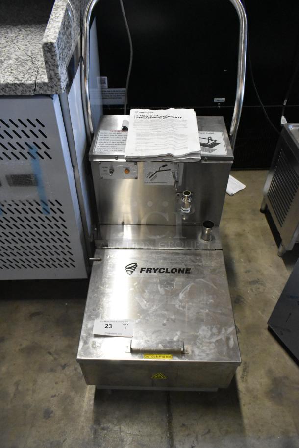 New Fryclone 259OFM85 stainless steel 85 lb. fryer oil filter machine, low-profile, 2-way pump, 120V, tags visible, pristine.